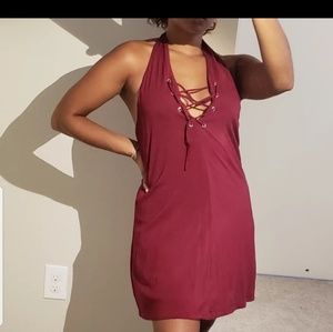 UO burgundy lace up front dress